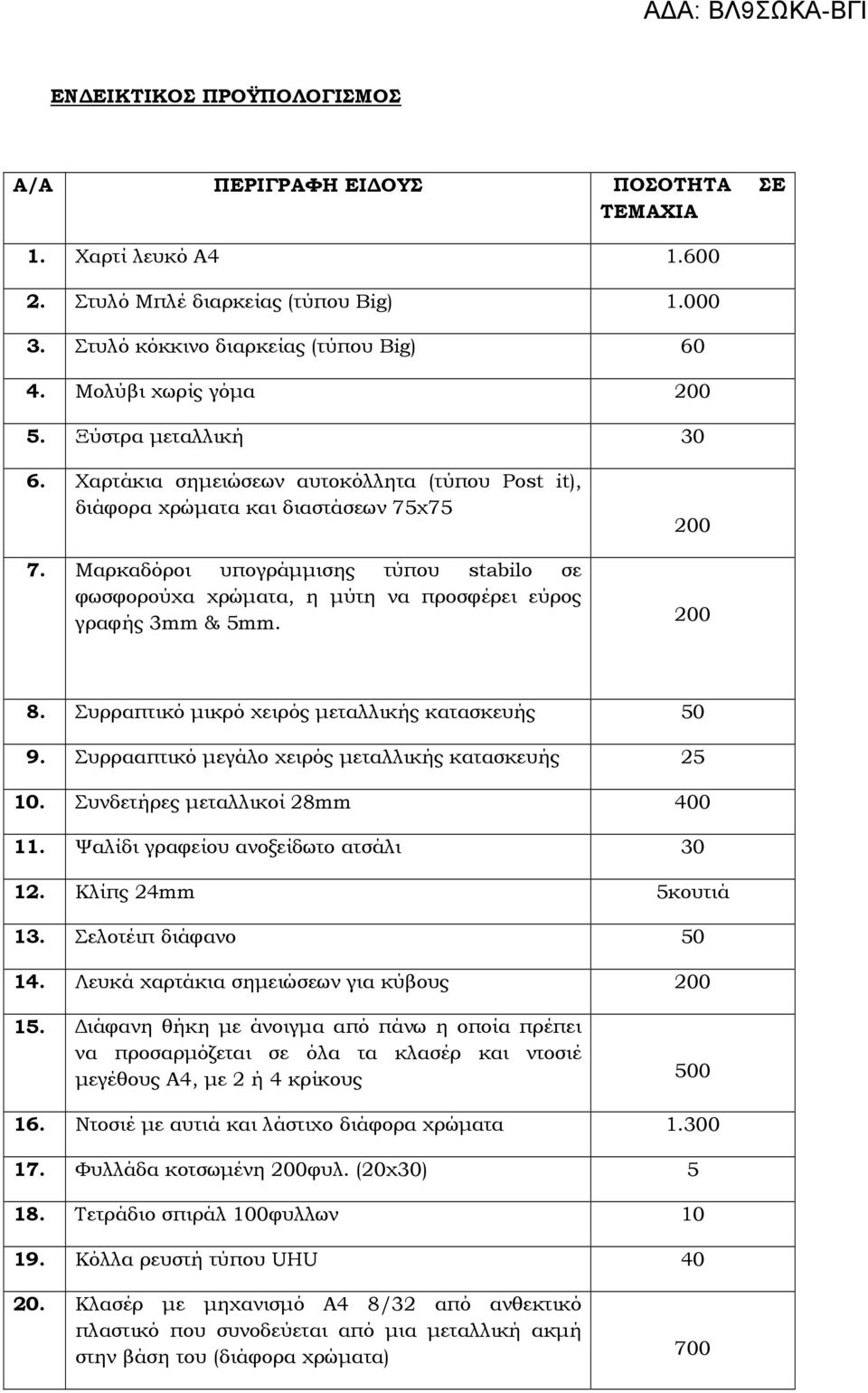 Μαρκαδόροι υπογράµµισης τύπου stabilο σε φωσφορούχα χρώµατα, η µύτη να προσφέρει εύρος γραφής 3mm & 5mm. 200 200 8. Συρραπτικό µικρό χειρός µεταλλικής κατασκευής 50 9.