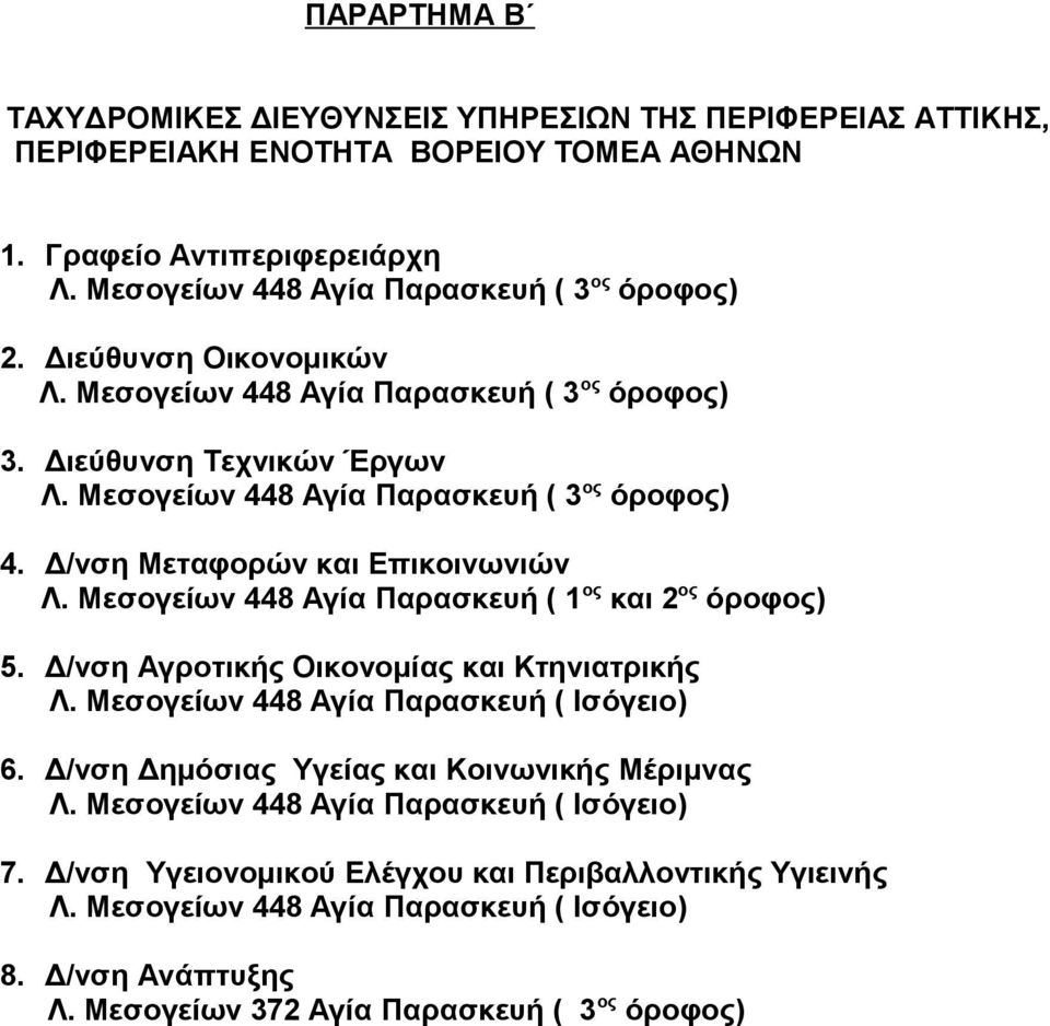 Μεσογείων 448 Αγία Παρασκευή ( 1 ος και 2 ος όροφος) 5. Δ/νση Αγροτικής Οικονομίας και Κτηνιατρικής Λ. Μεσογείων 448 Αγία Παρασκευή ( Ισόγειο) 6. Δ/νση Δημόσιας Υγείας και Κοινωνικής Μέριμνας Λ.