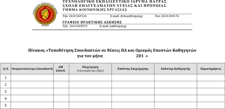 gr Πίνακασ «Σοποθέτηςη πουδαςτών ςε θέςεισ ΠΑ και Οριςμόσ Εποπτών Καθηγητών για τον μήνα 201» Α/Α