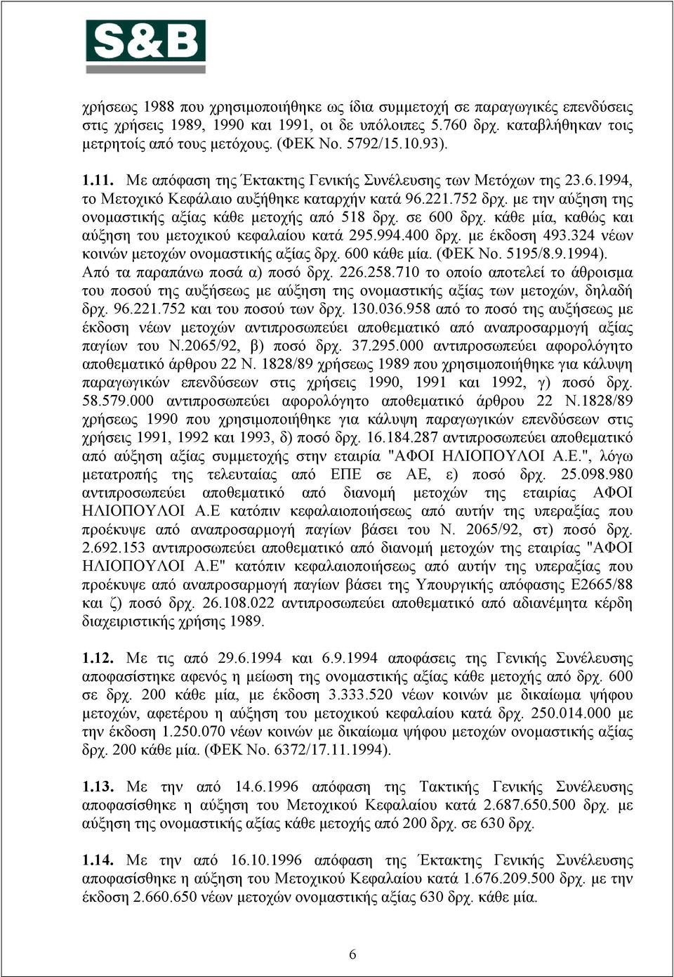 με την αύξηση της ονομαστικής αξίας κάθε μετοχής από 518 δρχ. σε 600 δρχ. κάθε μία, καθώς και αύξηση του μετοχικού κεφαλαίου κατά 295.994.400 δρχ. με έκδοση 493.