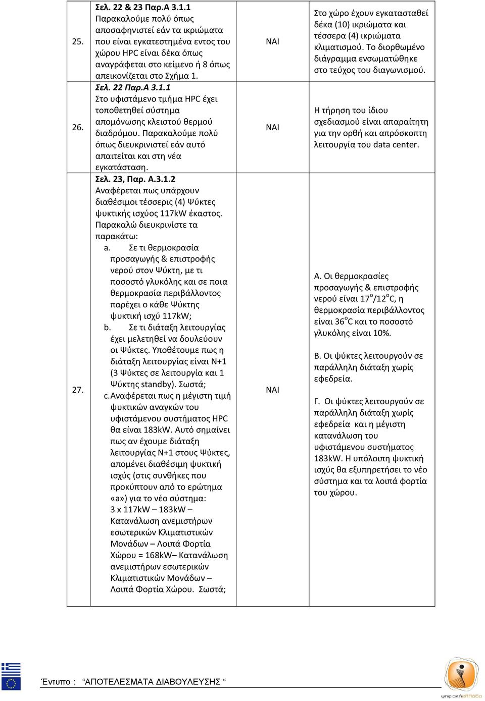 Παρακαλούμε πολύ όπως διευκρινιστεί εάν αυτό απαιτείται και στη νέα εγκατάσταση. Σελ. 23, Παρ. Α.3.1.2 Αναφέρεται πως υπάρχουν διαθέσιμοι τέσσερις (4) Ψύκτες ψυκτικής ισχύος 117kW έκαστος.