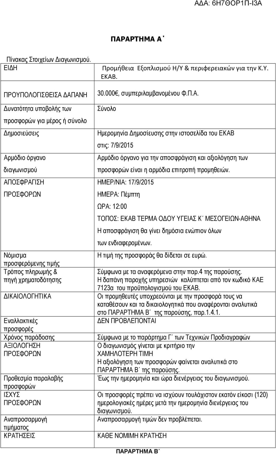 χρηµατοδότησης ΙΚΑΙΟΛΟΓΗΤΙΚΑ Εναλλακτικές προσφορές Χρόνος παράδοσης ΑΞΙΟΛΟΓΗΣΗ ΠΡΟΣΦΟΡΩΝ Προθεσµία παραλαβής προσφορών ΙΣΧΥΣ ΠΡΟΣΦΟΡΩΝ Αναπροσαρµογή τιµήµατος ΚΡΑΤΗΣΕΙΣ Προμήθεια Εξοπλισμού Η/Υ &