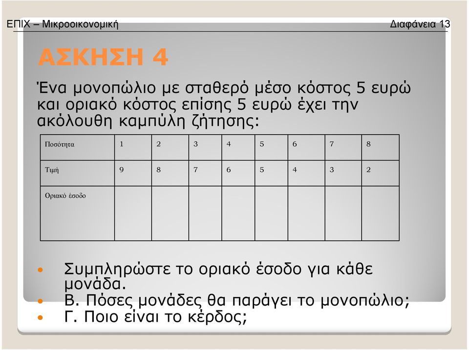 1 2 3 4 5 6 7 8 Τιµή 9 8 7 6 5 4 3 2 Οριακό έσοδο Συµπληρώστε το οριακό έσοδο