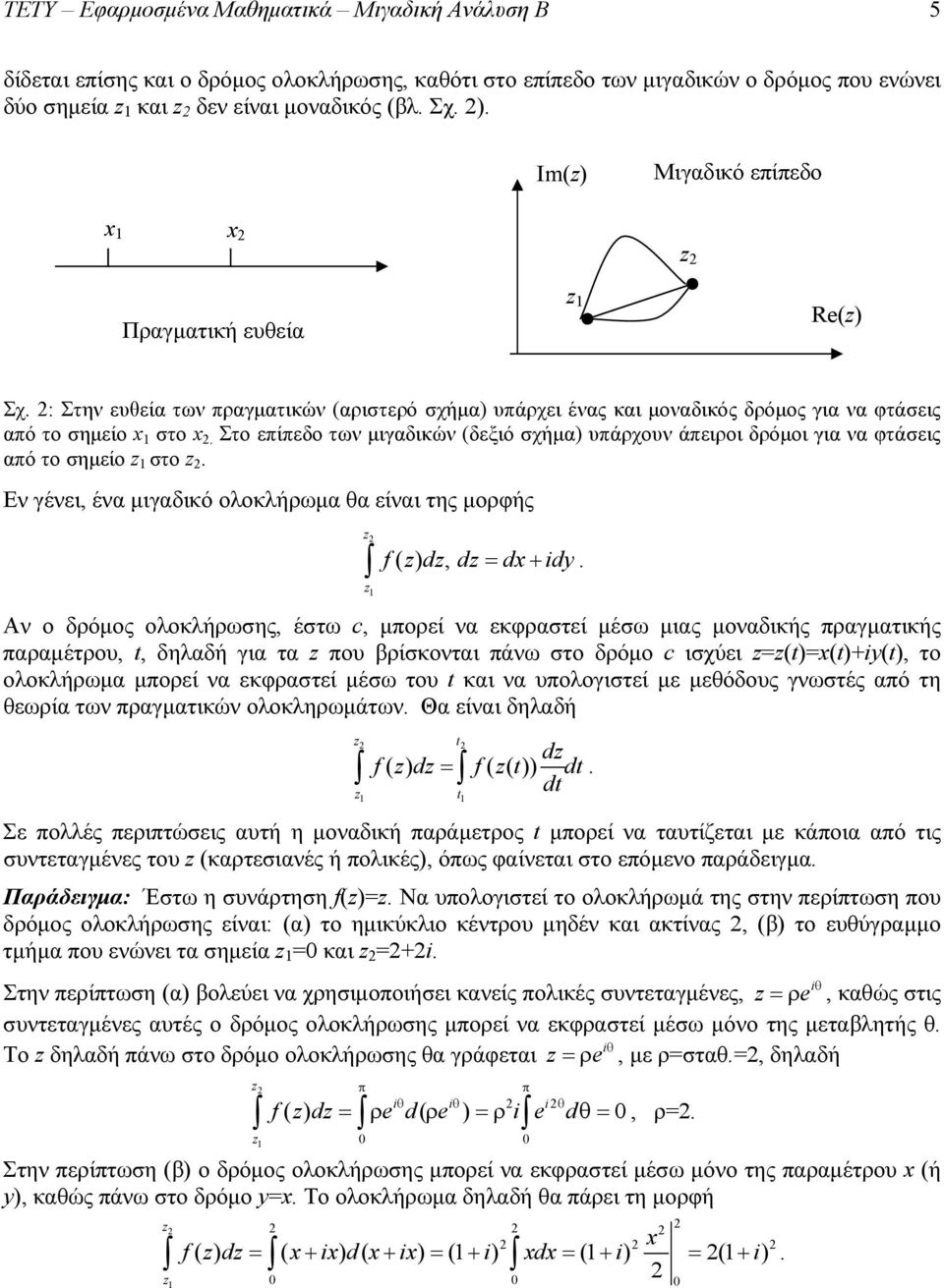 Στο επίπεδο των μιγαδικών (δεξιό σχήμα) υπάρχουν άπειροι δρόμοι για να φτάσεις από το σημείο z στο z. Εν γένει, ένα μιγαδικό ολοκλήρωμα θα είναι της μορφής z f ( zdz ), dz dxidy.