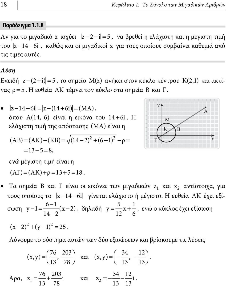 Η ελάχιστη τιμή της αόστασης (ΜΑ) είαι η Μ Κ Β Α (AB) = (AK)-(KB) = (14 - ) + (6-1) - ρ = = 13-5 = 8, Γ εώ μέγιστη τιμή είαι η (ΑΓ) = (ΑΚ) + ρ = 13+ 5 = 18.