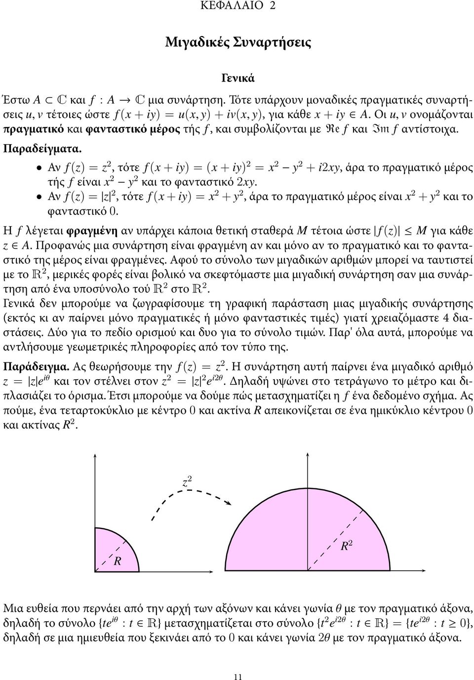 Αν f (z) = z 2, τότε f (x + iy) = (x + iy) 2 = x 2 y 2 + i2xy, άρα το πραματικό μέρος τής f είναι x 2 y 2 και το φανταστικό 2xy.