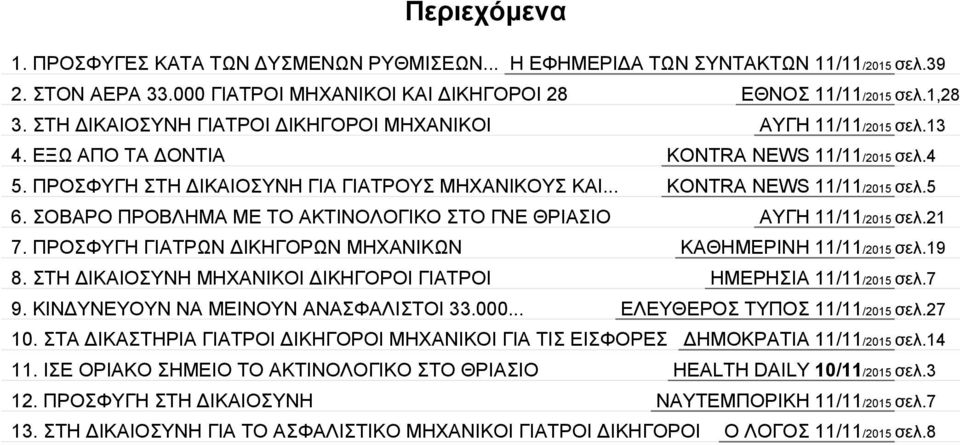 ΣΟΒΑΡΟ ΠΡΟΒΛΗΜΑ ΜΕ ΤΟ ΑΚΤΙΝΟΛΟΓΙΚΟ ΣΤΟ ΓΝΕ ΘΡΙΑΣΙΟ ΑΥΓΗ 11/11/2015 σελ.21 7. ΠΡΟΣΦΥΓΗ ΓΙΑΤΡΩΝ ΔΙΚΗΓΟΡΩΝ ΜΗΧΑΝΙΚΩΝ ΚΑΘΗΜΕΡΙΝΗ 11/11/2015 σελ.19 8.