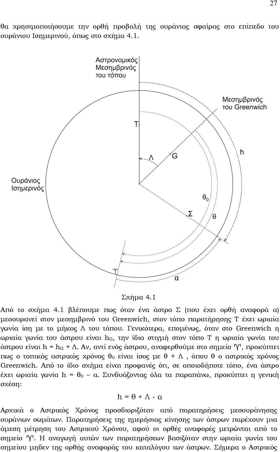 Γενικότερα, εποµένως, όταν στο Greenwich η ωριαία γωνία του άστρου είναι h G, την ίδια στιγµή στον τόπο Τ η ωριαία γωνία του άστρου είναι h = h G + Λ.