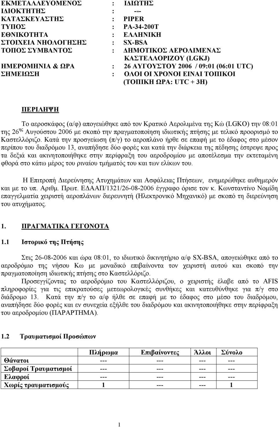 (LGKO) την 08:01 της 26 ης Αυγούστου 2006 με σκοπό την πραγματοποίηση ιδιωτικής πτήσης με τελικό προορισμό το Καστελλόριζο.