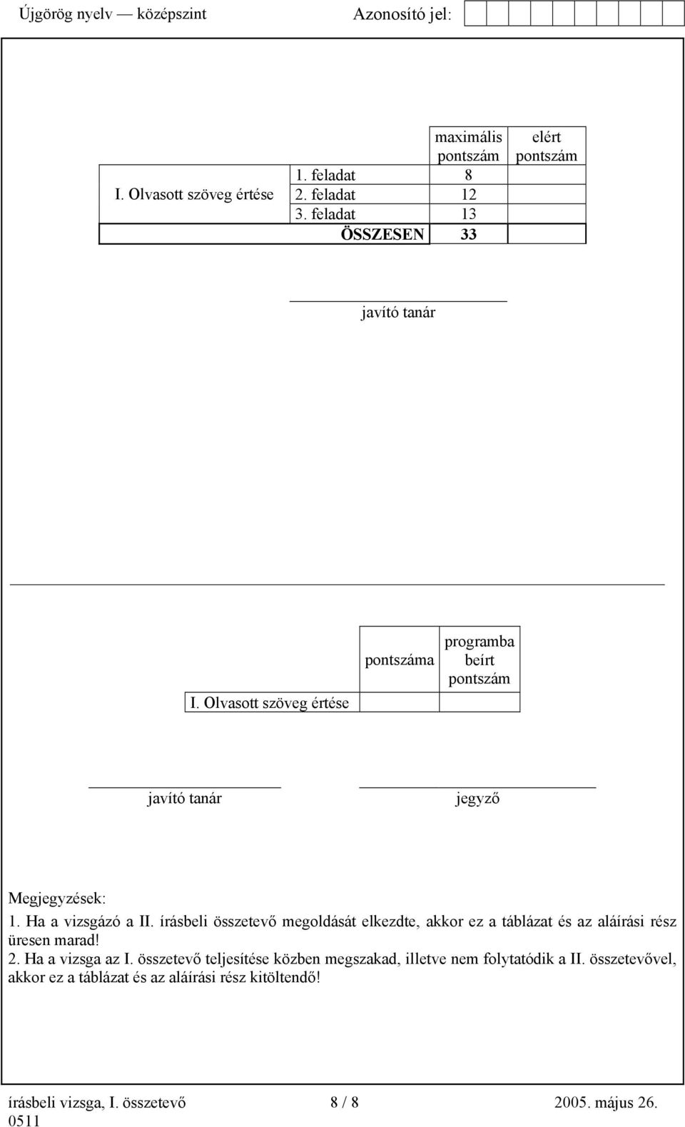 írásbeli összetevő megoldását elkezdte, akkor ez a táblázat és az aláírási rész üresen marad! 2. Ha a vizsga az I.