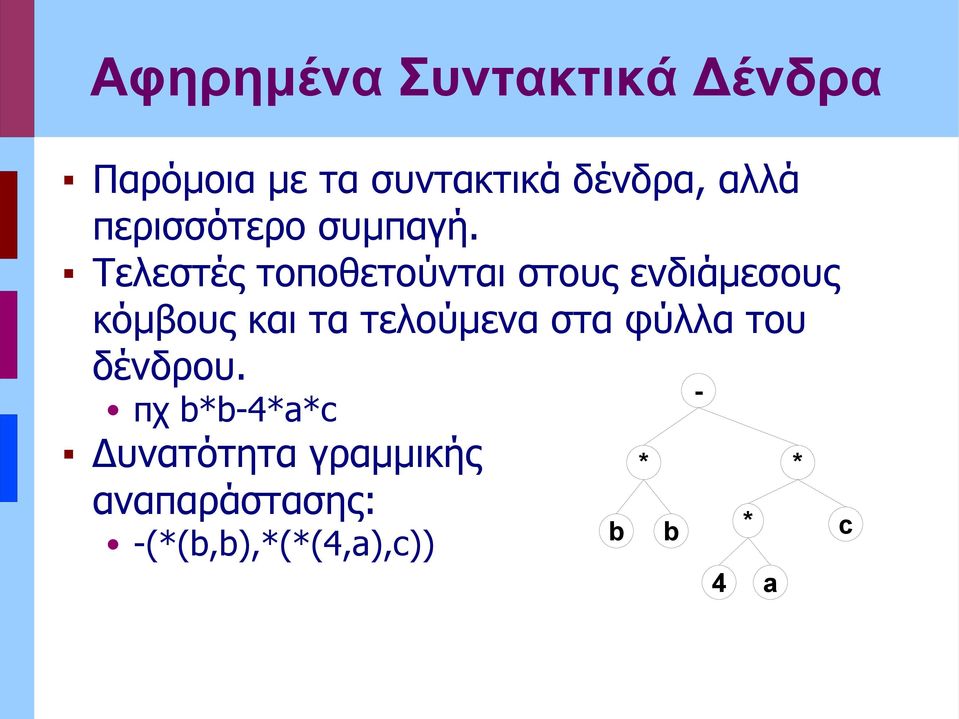 Τελεστές τοποθετούνται στους ενδιάμεσους κόμβους και τα τελούμενα