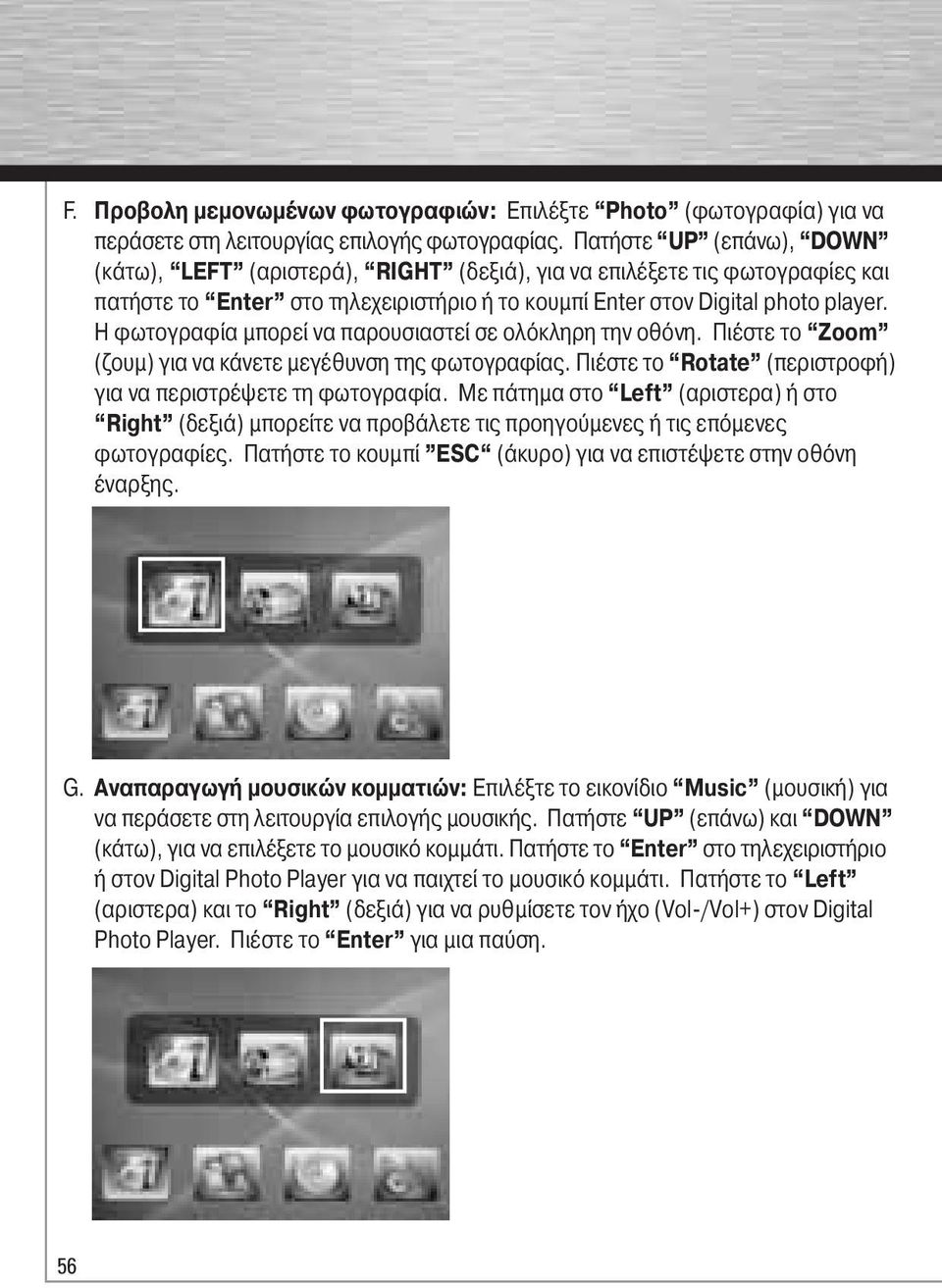 Η φωτογραφία μπορεί να παρουσιαστεί σε ολόκληρη την οθόνη. Πιέστε το Zoom (ζουμ) για να κάνετε μεγέθυνση της φωτογραφίας. Πιέστε το Rotate (περιστροφή) για να περιστρέψετε τη φωτογραφία.