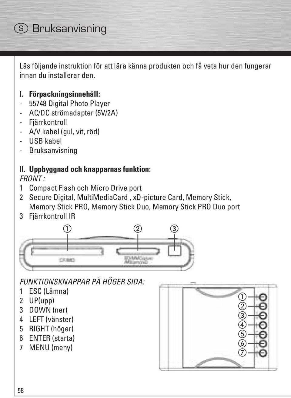 Uppbyggnad och knapparnas funktion: FRONT : 1 Compact Flash och Micro Drive port 2 Secure Digital, MultiMediaCard, xd-picture Card, Memory Stick, Memory Stick PRO,