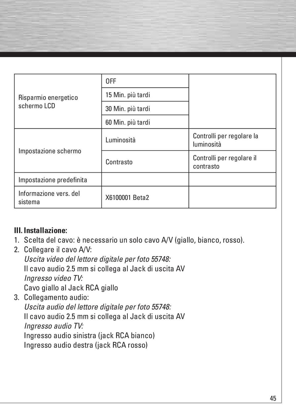 Scelta del cavo: è necessario un solo cavo A/V (giallo, bianco, rosso). 2. Collegare il cavo A/V: Uscita video del lettore digitale per foto 55748: Il cavo audio 2.