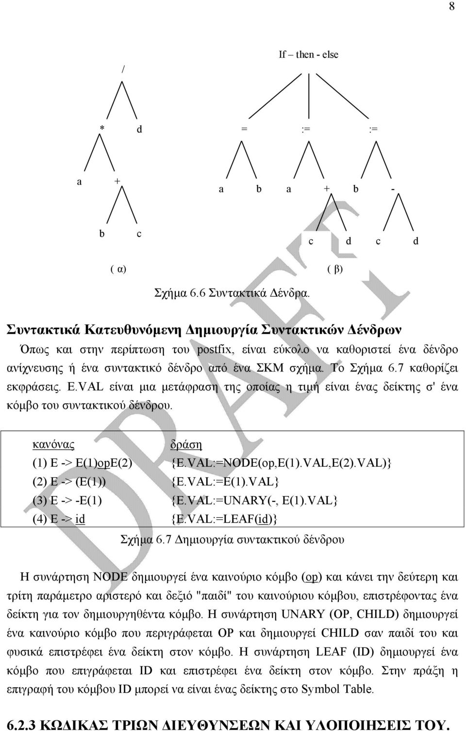 7 καθορίζει εκφράσεις. Ε.VAL είναι µια µετάφραση της οποίας η τιµή είναι ένας δείκτης σ' ένα κόµβο του συντακτικού δένδρου. κανόνας δράση (1) Ε -> Ε(1)opΕ(2) {Ε.VAL:=ΝΟDΕ(op,Ε(1).VAL,Ε(2).