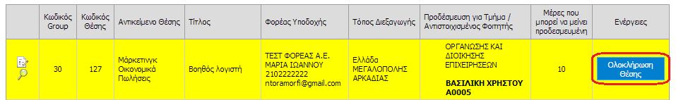 διαθέσιμη προς επιλογή από το Γραφείο Πρακτικής. Στην περίπτωση αυτή εμφανίζεται και το αντίστοιχο προειδοποιητικό μήνυμα. Εικόνα 24.