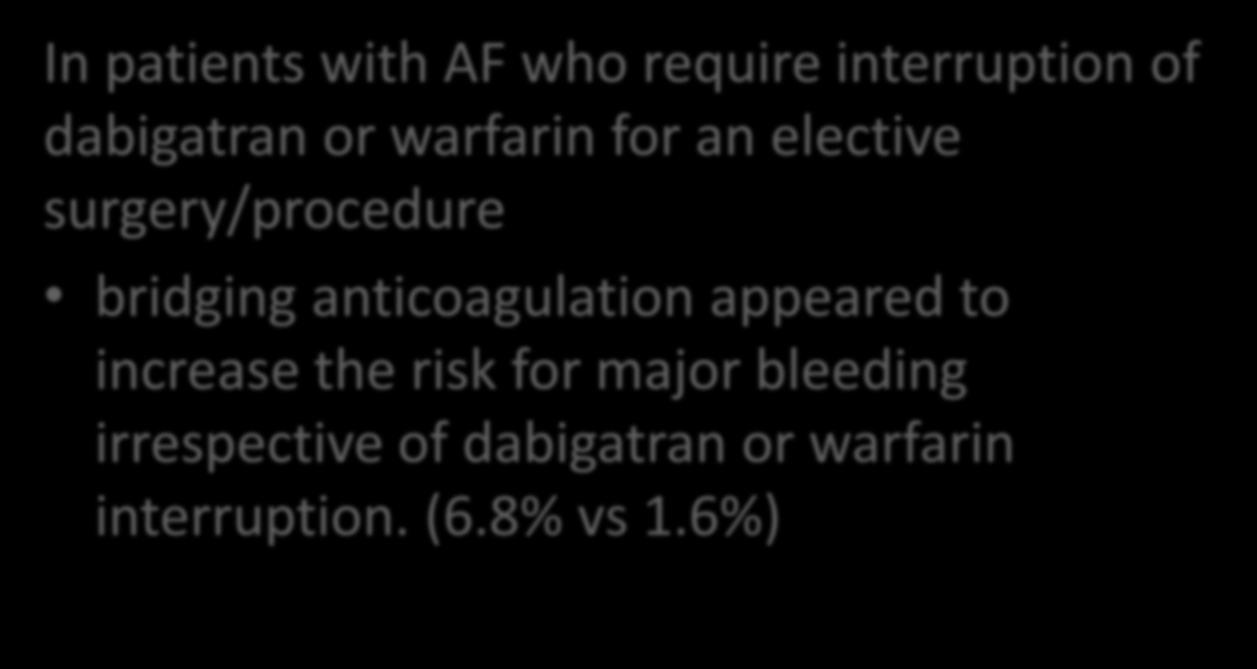 Thromb Haemost. 2015 113(3):625-32. Perioperative bridging anticoagulation during dabigatran or warfarin interruption among patients who had an elective surgery or procedure.