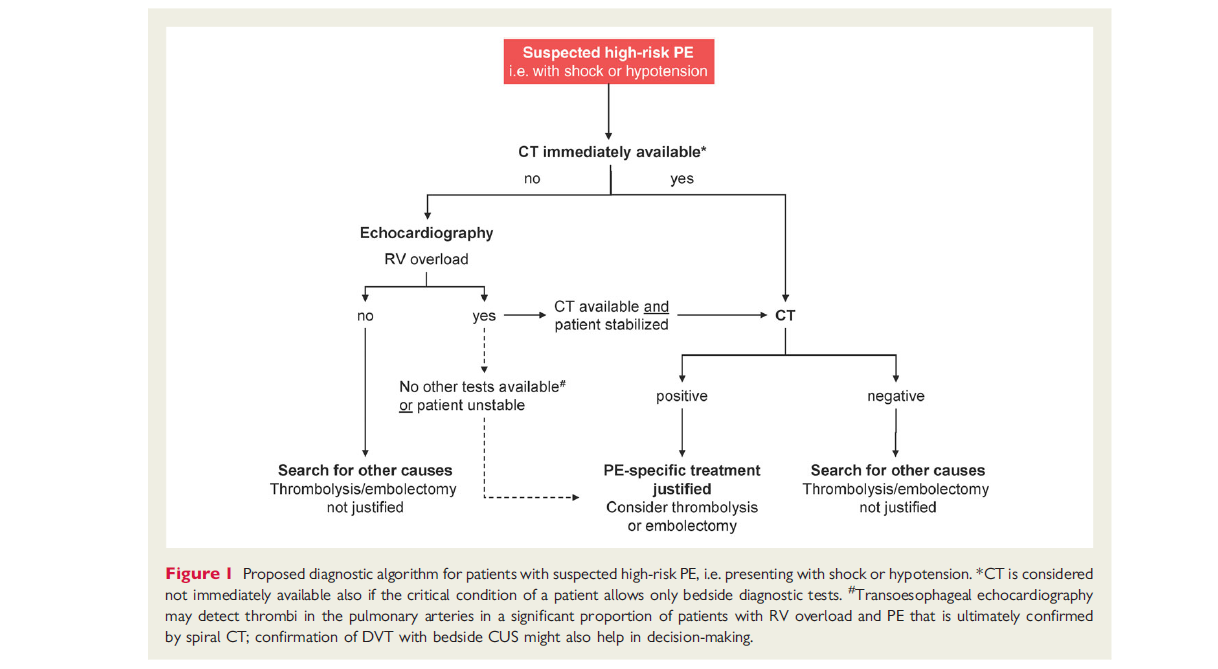 Διαγνωστικός αλγόριθμος για ασθενείς υψηλού κινδύνου Πιθανή υψηλού κινδύνου ΠΕ (με καταπληξία ή υπόταση) CT άμεσα διαθέσιμη όχι ναι Καρδιακός υπέρηχος Δυσλειτουργία (ΔΕ) κοιλίας όχι ναι CT διαθέσιμη