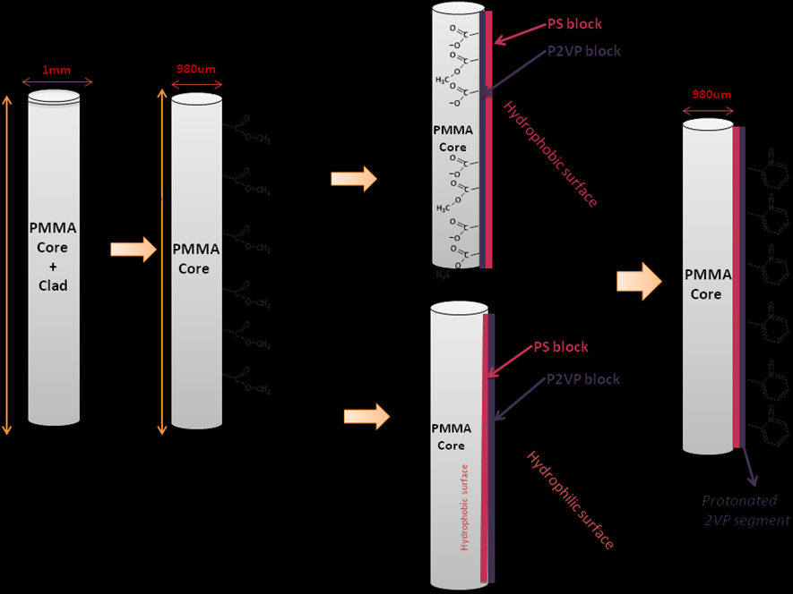 Σχήμα 17: Σχηματική αναπαράσταση διαδικασίας ευαισθητοποίησης της επιφάνειας της πολυμερικής ίνας όταν χρησιμοποιούνται το δισυσταδικό συμπολυμερές PS-b- P2VP και το αντίστοιχο τυχαίο συμπολυμερές