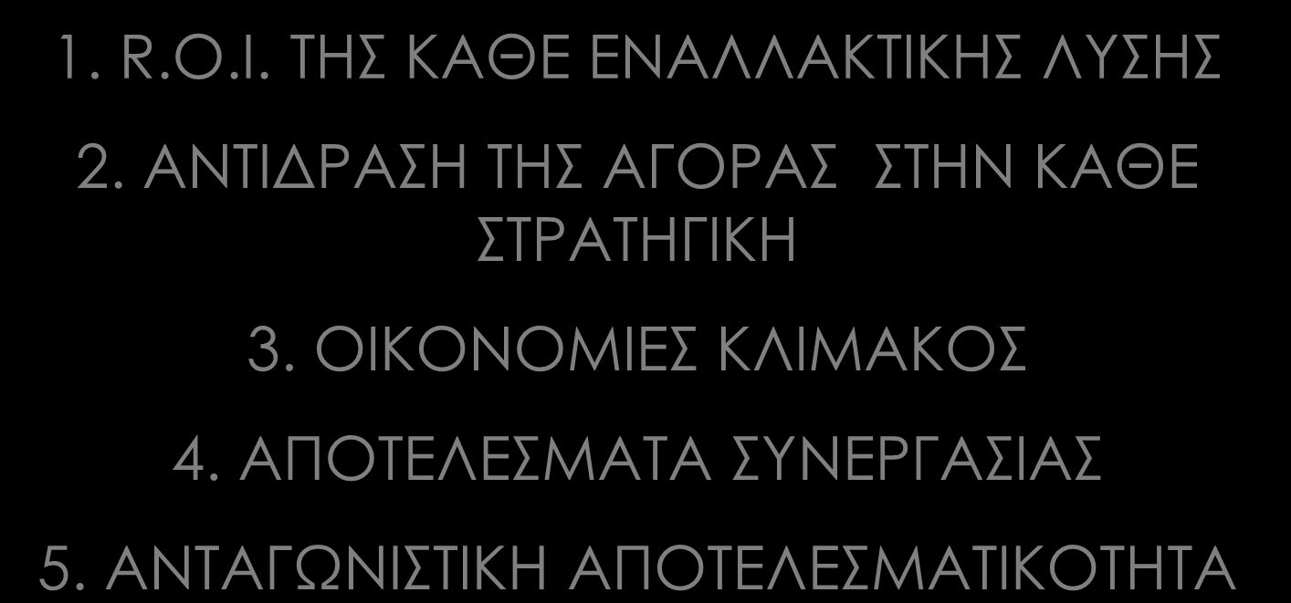 63 ΚΑΘΟΡΙΣΜΟΣ ΤΗΣ ΕΠΙΔΡΑΣΗΣ ΤΗΣ ΑΠΟΦΑΣΗΣ ΣΤΙΣ ΑΛΛΕΣ ΜΕΤΑΒΛΗΤΕΣ ΜΑΡΚΕΤΙΝΓΚ 1. R.O.I. ΤΗΣ ΚΑΘΕ ΕΝΑΛΛΑΚΤΙΚΗΣ ΛΥΣΗΣ 2.