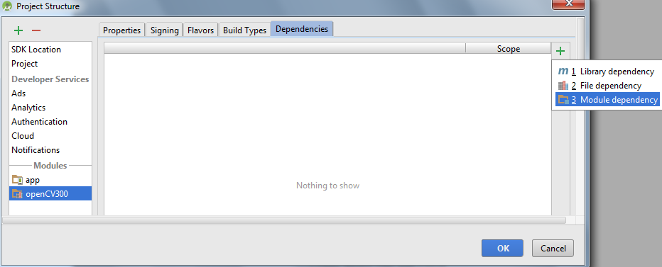 Εικόνα 8.9 Open Module Settings Εικόνα 8.10 Add Module Dependency Τώρα έχουμε φτάσει στο σημείο όπου έχει γίνει αυτόματα Rebuild και η OpenCV300 είναι πλέον ενσωματωμένη στο project μας. 8.2.