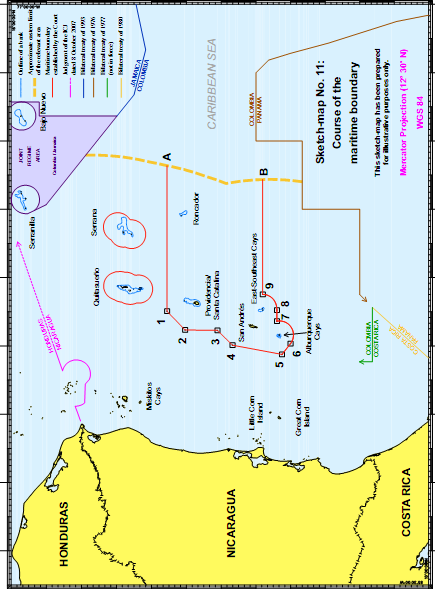 Σχήμα 13 Το τελικό αποτέλεσμα του «θαλασσίου συνόρου» στην ΥπόθεσηNicaragua vs Colombia του ΔΔΧ Πηγή: Territorial and Maritime Dispute (Nicaragua v Colombia), Judgment, ICJ Reports, (2012), at 89.