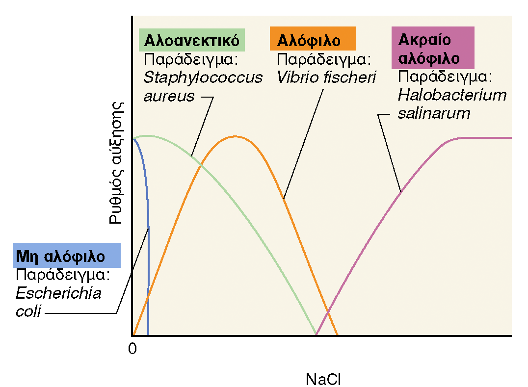 ΩΣΜΩΤΙΚΑ ΦΑΙΝΟΜΕΝΑ και ΜΙΚΡΟΒΙΑΚΗ ΑΥΞΗΣΗ Εικόνα 6.23: Επίδραση της συγκέντρωσης ιόντων νατρίου στην ανάπτυξη μικροοργανισμών με διαφορετική ανοχή ή διαφορετικές απαιτήσεις σε αλάτι.