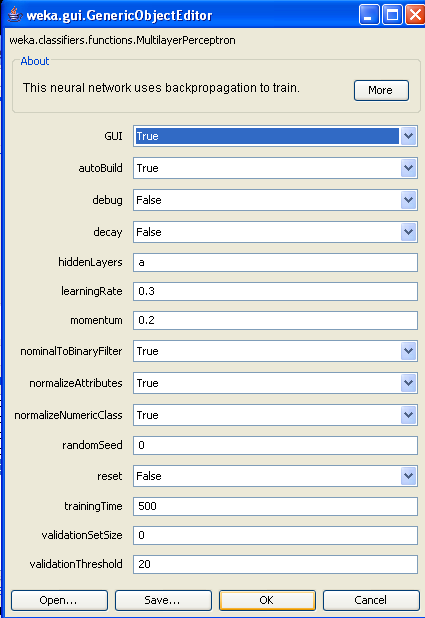 Νευρωνικά δίκτυα στο WEKA (1/2) WEKA provides user control of training parameters: # of iterations or epochs ( training time