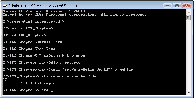 Μέσα στον κατάλογο Data (C:\ISS_Chapter5\Data), δημιουργήστε τα αρχεία: news, reports, myfile και anotherfile.