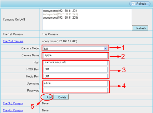 Πιέστε Multi-Device Settings. Επιλέξτε The 2nd Device (2 η Κάμερα). Συμπληρώστε το όνομα της 2 ης κάμερας, το DDNS domain name και τον αριθμό της θύρας (port).