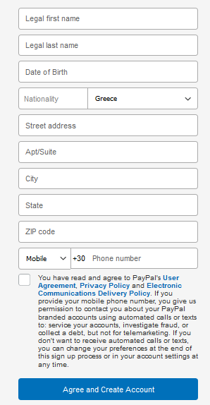Στην επόμενη σελίδα, πρέπει να συμπληρώσετε κάποια προσωπικά σας στοιχεία που απαιτούνται για τον λογαριασμό στο Paypal.