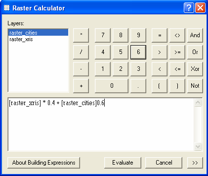 Συµπληρώστε τα ακόλουθα: [raster_xris]*0.4 + [raster_cities]*0.6 και πατήστε Evaluate (Εικόνα 7). Εικόνα 7: Υπολογισµός της τελικής επιφάνειας µε τους συντελεστές βαρύτητας.