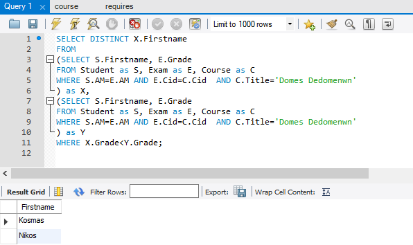 (SELECT S.Firstname, E.Grade FROM Student AS S, Exam AS E, Course AS C WHERE S.AM=E.AM AND E.Cid=C.Cid AND C.Title='Domes Dedomenwn' ) AS X, (SELECT S.Firstname, E.Grade FROM Student AS S, Exam AS E, Course AS C WHERE S.AM=E.AM AND E.Cid=C.Cid AND C.Title='Domes Dedomenwn' ) AS Y WHERE X.