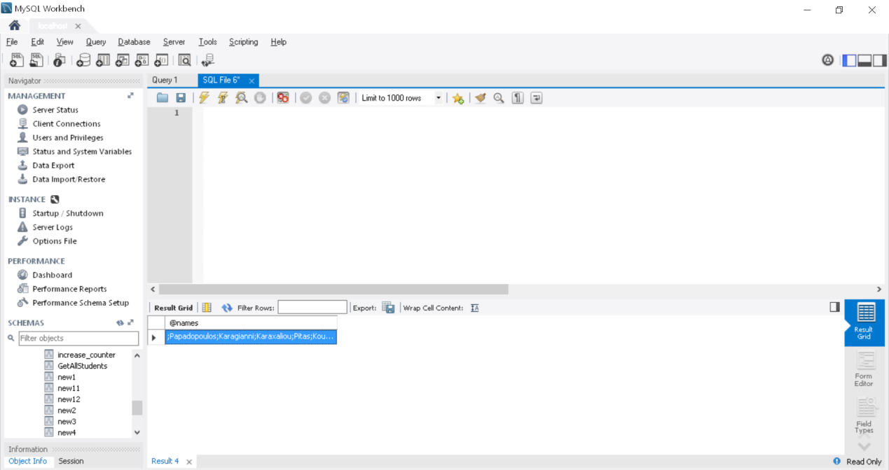 OPEN student_cursor; get_lastname: LOOP FETCH student_cursor INTO Lastnames; SET v_student = CONCAT(v_student,";",Lastnames); IF done = 1 THEN LEAVE get_lastname;