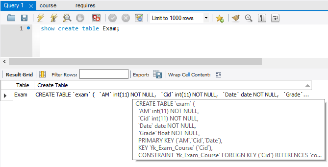 Εικόνα 4.3: Η εντολή SHOW CREATE TABLE. Ζητούμενο 4: Καταχωρήστε 5 φοιτητές, 5 μαθήματα, 5 καθηγητές, 5 βαθμολογίες, 5 τηλέφωνα και ένα προαπαιτούμενο μάθημα.