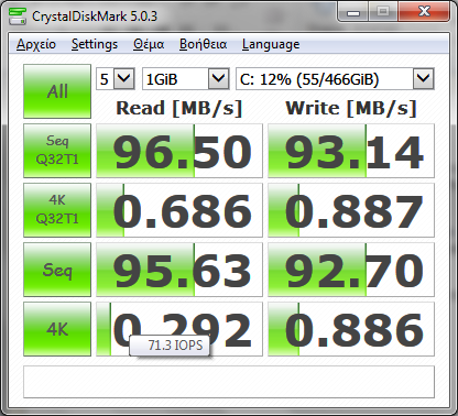 Άσκηση 4: Α. Χρησιμοποιώντας την εφαρμογή CrystalDiskMark βρείτε την ταχύτητα ανάγνωσης και εγγραφή στο σκληρό δίσκο (αφήστε τις default ρυθμίσεις). Β.