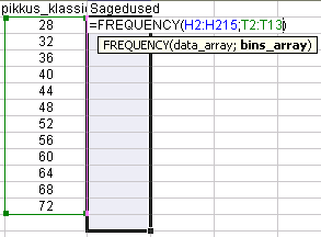 Erinevalt enamustest MS Exceli funktsioonidest on funktsioon FREQUENCY massiivifunktsioon, st et selle funktsiooni tulemuseks ei puugi olla üks väärtus eelnevalt valitud lahtris, vaid hulk väärtusi