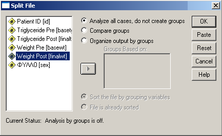 ----------Εισαγωγή στη Χρήση του SPSS for Windows ------------- Σελίδα: 5------------ Η εντολή αυτή Split file, επιτρέπει το "διαχωρισµό" των περιπτώσεων (cases) σε οµάδες, βάσει των τιµών µίας ή