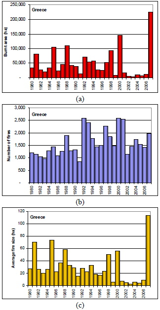 Σχήμα 2: Καμμένες εκτάσεις (a), αριθμός πυρκαγιών (b) και μέσο μέγεθος πυρκαγιάς (c) στην Ελλάδα για την περίοδο 1980-2007 (Πηγή: