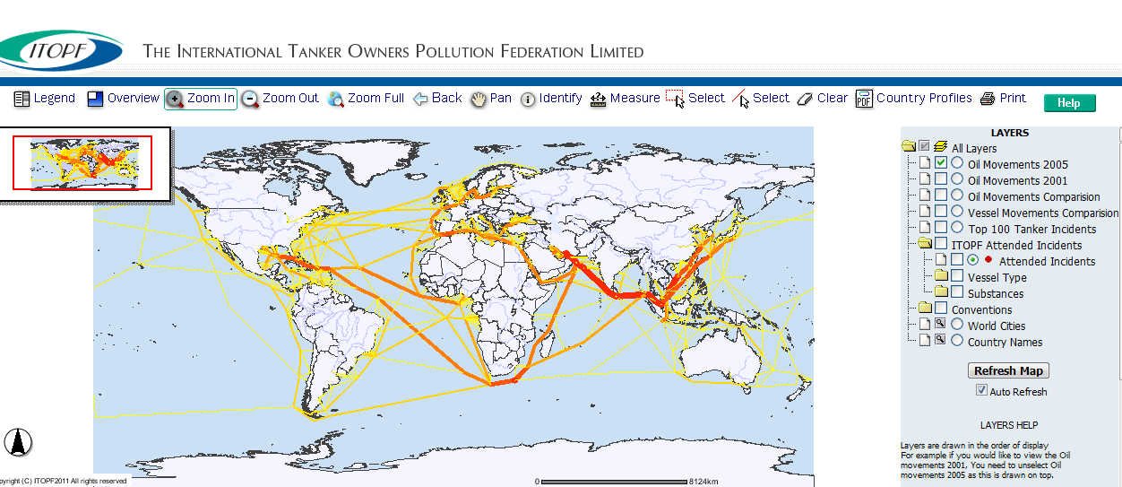 Χάρτης 1 ος : Χάρτης webgis με την βοήθεια του ITOPF Πηγή: ITOPF (2011), εύρεση στην