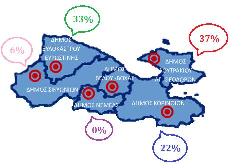 Γξάθεκα 8.3.8. Αθνινπζεί έλαο ράξηεο πνπ απεηθνλίδεη ηελ ρσξηθή θαηαλνκή ησλ θαηαιπκάησλ πνπ απάληεζαλ ζην εξσηεκαηνιφγην ηεο έξεπλαο, αλά Γήκν, κε ηα αληίζηνηρα πνζνζηά πνπ πεξηγξάςακε (Υάξηεο 8.3.1.