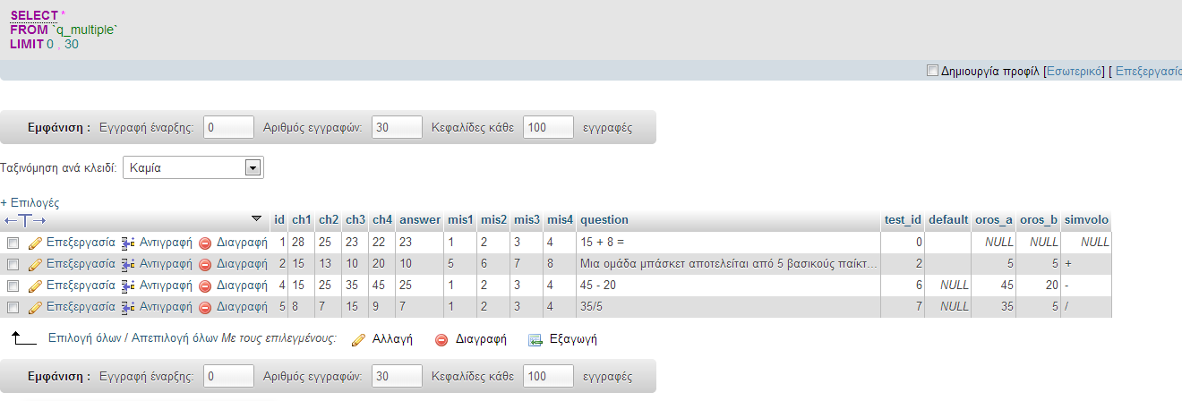 Πίνακας Q_problem Ακολούθως φαίνεται ο πίνακας q_problem όπου καταχωρούνται οι ερωτήσεις τύπου προβλήματος: CREATE TABLE IF NOT EXISTS `q_problem` ( `id` int(4) NOT NULL AUTO_INCREMENT, `question`