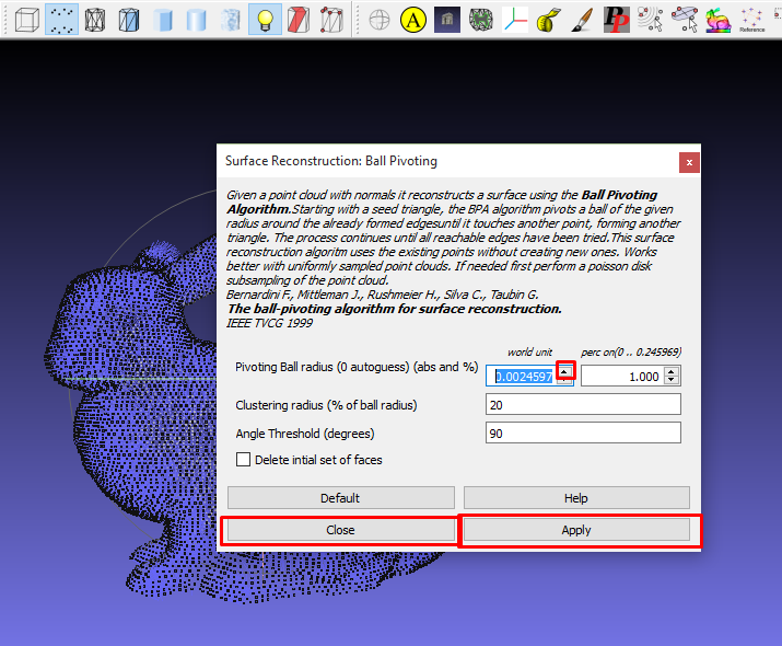 Στη συνέχεια χρησιμοποιείται το φίλτρο Surface Reconstruction: Ball Pivoting στο νέφος σημείων με τα κάθετα διανύσματα για την ανακατασκευή της επιφάνειας με χρήση του αλγόριθμου Ball Pivoting.