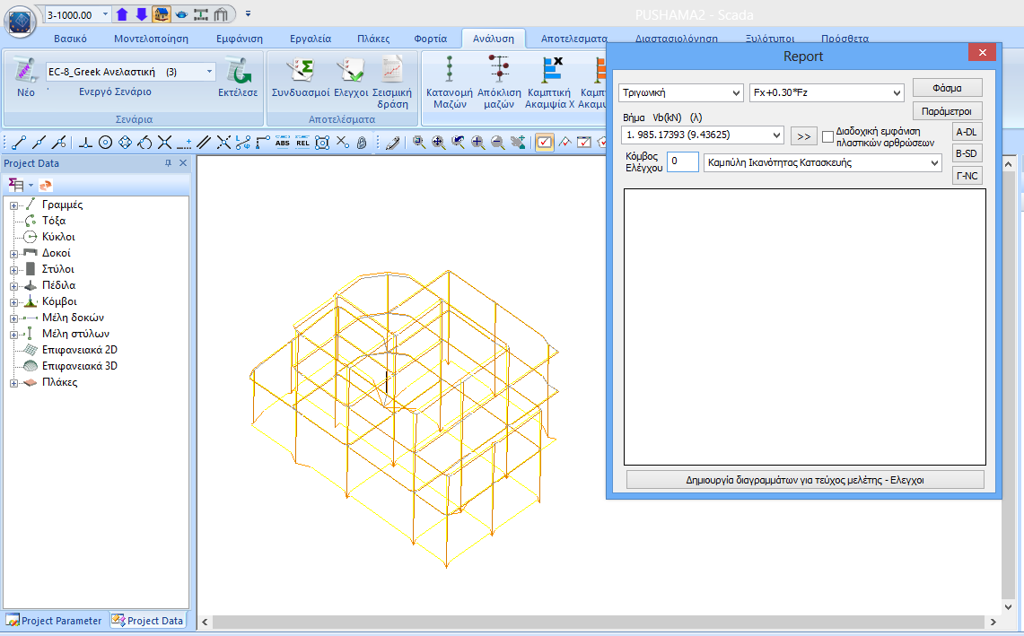 Στην επιφάνεια εργασίας εμφανίζεται το τρισδιάστατο αρχικό και παραμορφωμένο μοντέλο του φορέα και ανοίγει το πλαίσιο διαλόγου Report.