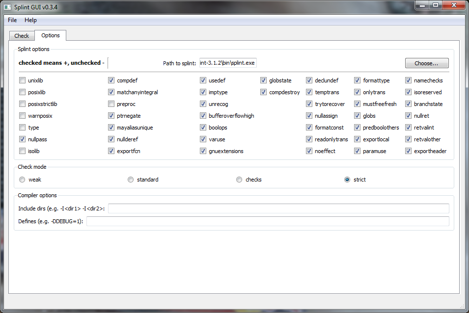 Εικόνα 32: Επιλογές ελέγχου του splint Το εργαλείο παρέχεται σε έκδοση για windows και μάλιστα και με ένα (απλό) γραφικό περιβάλλον (παρέχεται ξεχωριστά) για να διευκολύνει τον χρήστη.