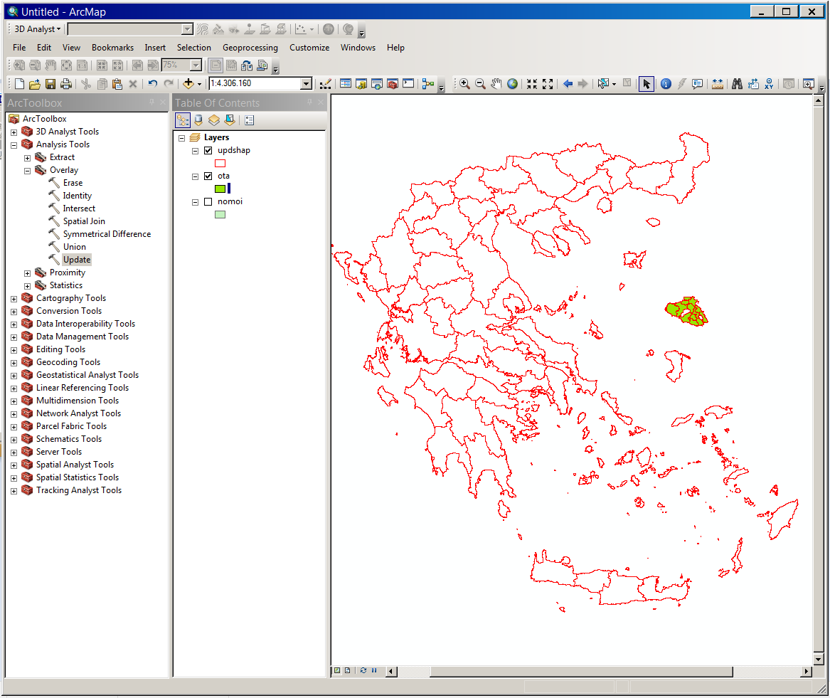 1 Συνδυασμός των στοιχείων δυο διαφορετικών shapefiles χρησιμοποιώντας την εντολή UPDATE Από το ArcToolbox: Analysis Tools->Overlay->Update Στο πεδίο Input Features να επιλεγεί το shapefile nomoi