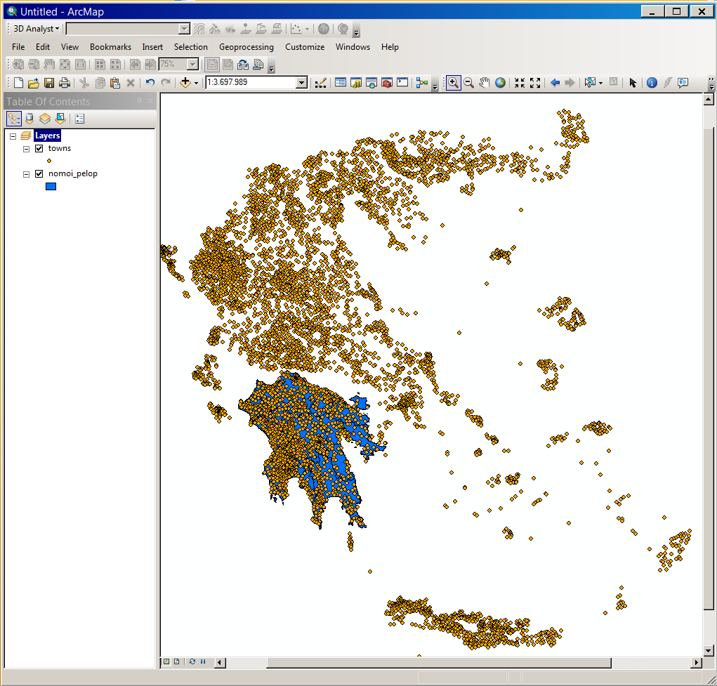 2 Συνδυασμός των στοιχείων δυο διαφορετικών shapefiles χρησιμοποιώντας την εντολή CLIP Δίνονται τα shapefiles towns και nomoi_pelop (Εικόνα 43).