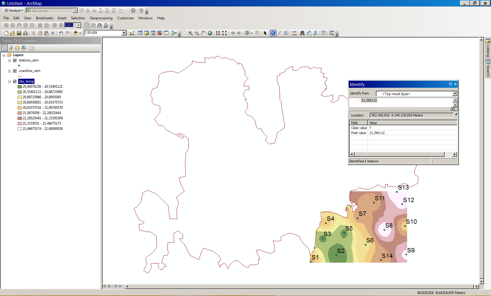 Στο πεδίο Input point features: επιλέγεται το shapefile stations_utm Στο πεδίο Z value field: επιλέγεται το ST_TEMP (μετρήσεις θερμοκρασίας) Στο πεδίο Output raster: ορίζεται το όνομα του κανάβου που