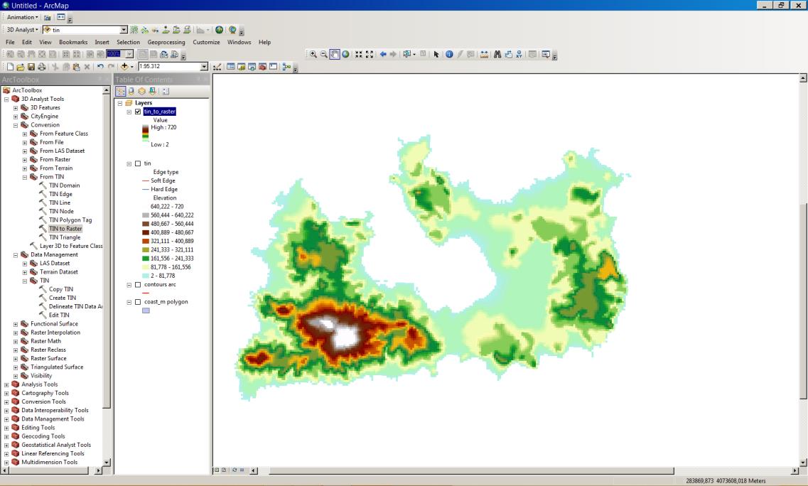 Από το ArcToolbox: 3D Analyst Tools->Conversion->From TIN->TIN to Raster Στο παράθυρο της Εικόνας 71 επιλέγεται το ΤΙΝ (tin1), το όνομα του κανάβου που θα προκύψει (tin_to_raster) και το μέγεθος