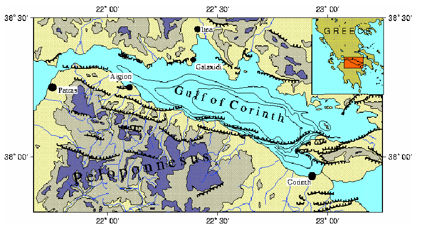 Εικόνα 2 :Κορινθιακός Κόλπος και ρήγµατα της περιοχής (πηγή :www.ipgp.jussieu.fr) Στο βόρειο περιθώριο βρίσκουµε µικρότερα αντιθετικά ρήγµατα.